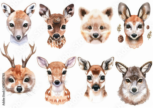 Cute animal face clipart set, watercolor cartoon illustration isolated on white background