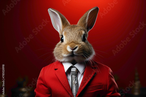 An endearing bunny dressed in a trendy outfit, captured in a delightful portrait against a solid red background, showcasing a cute and fashionable look.