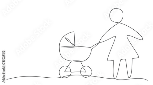 Baby stroller One line drawing isolated on white background