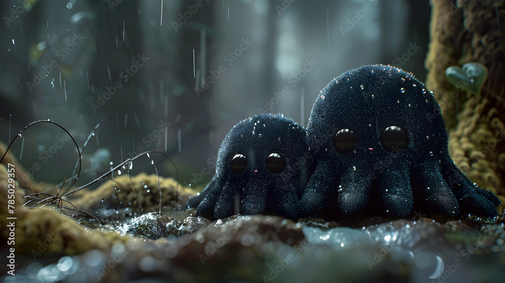 Huggable Creature Companions Emerge from Obsidian Depths,Offering Warmth and Comfort in Isolated,Cinematic Setting