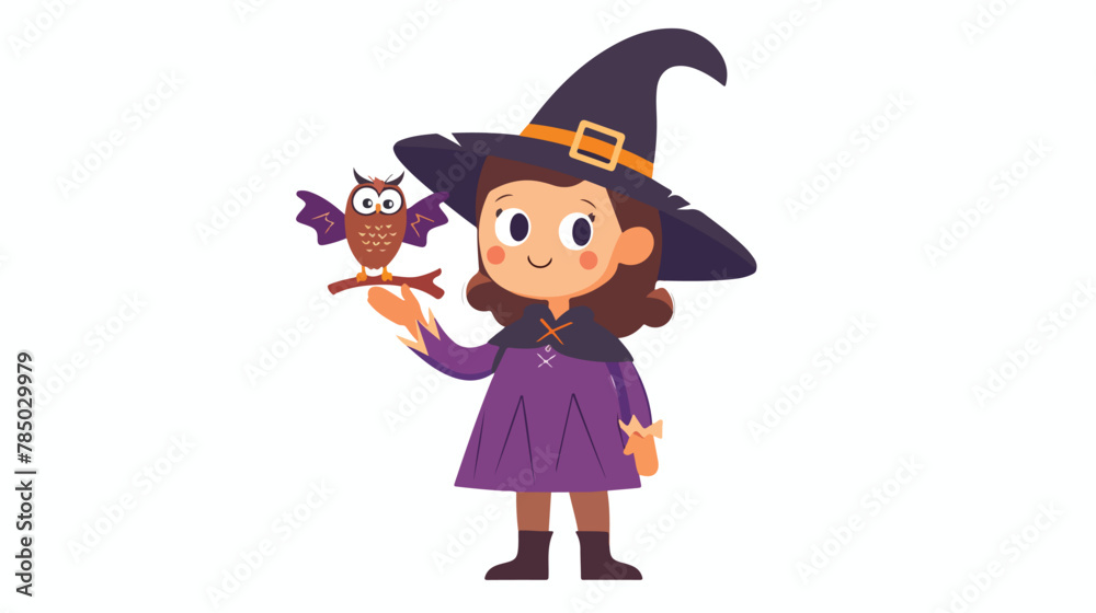 Cute little wizard holding magical owl vector flat illustration