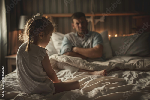 girl sitting on bed with arms crossed, father pointing finger at her in anger