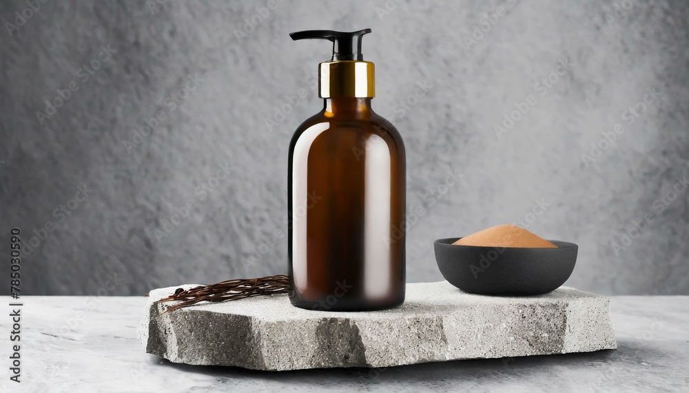 Tranquility Unveiled: Brown Glass Bottle on Stone Stand Tranquility Unveiled: Brown Glass Bottle on Stone Stand