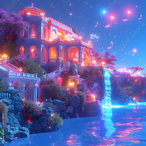 Neon Lit Mediterranean Villa Floating in a Celestial Space Colony with Ethereal Opera Notes Emanating