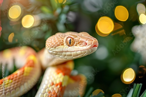 funny festive snake for christmas on the background of a christmas tree and lights bokeh close-up