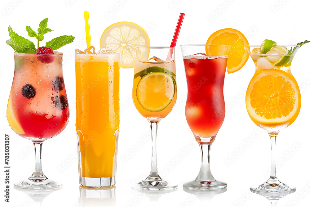 Summer alcohol cocktails isolated on white background, set fruit juice and drink Summer alcohol cocktails isolated on white background, set fruit juice and drink