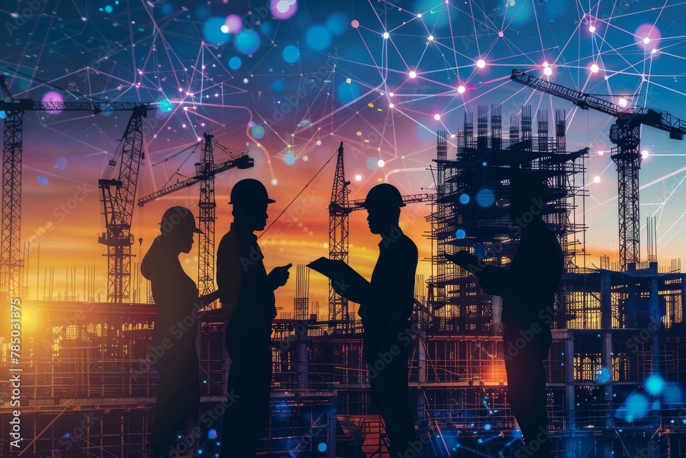 A team of engineers in silhouette discussing plans amidst a backdrop of construction equipment and materials , abstract  , background