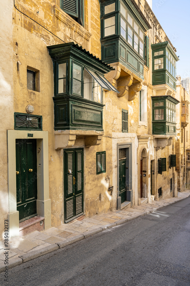 typical wooden balconies in Valletta, Malta
