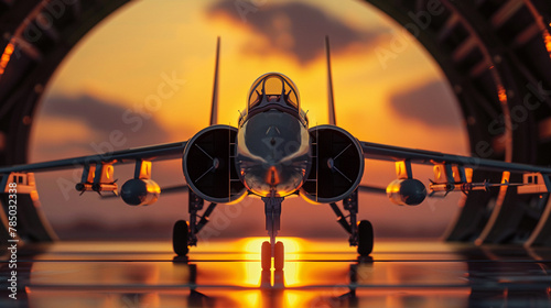 The silhouette of a fighter plane against the colorful sunset sky, Futuristic , Cyberpunk