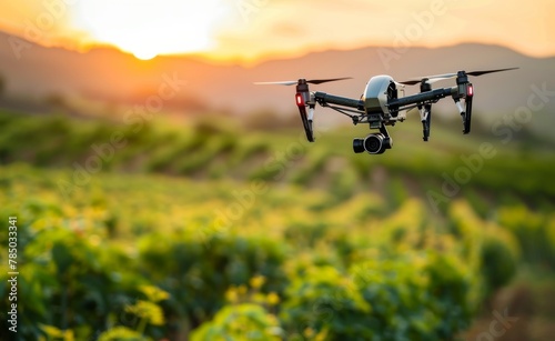 Smart agricultural drone flying over a field, capturing data for precision farming, emphasizing technology impact on agriculture.
