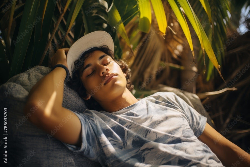 
A teenager of Mexican descent taking a siesta under a palm tree in a tropical resort, embracing Sleep Tourism - obrazy, fototapety, plakaty 