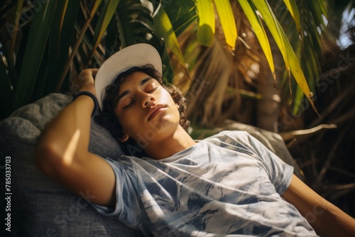 
A teenager of Mexican descent taking a siesta under a palm tree in a tropical resort, embracing Sleep Tourism