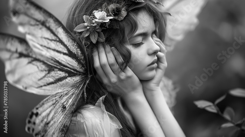 Peaceful expression of a young child dressed as a fairy, lost in thought.