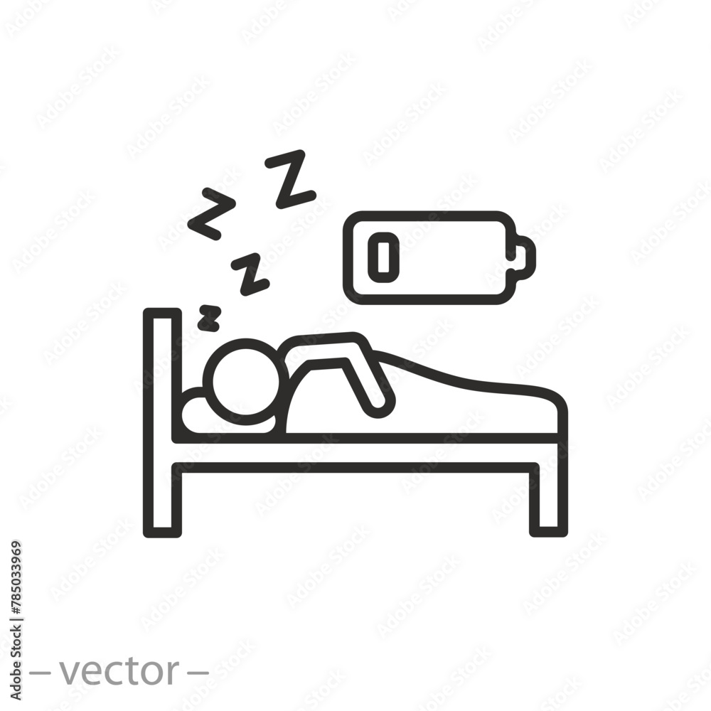 tired man sleep on bed icon, battery person energy charging, night rest and recovery, low charge human, thin line symbol on white background - vector illustration tired man sleep on bed icon, battery person energy charging, night rest and recovery, low charge human, thin line symbol on white background - vector illustration