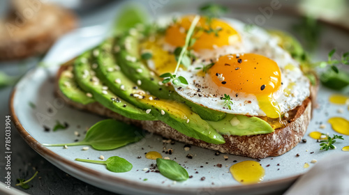 Vibrant plate of avocado toast topped with perfectly cooked sunny-side-up eggs, sprinkled with seeds and herbs.
