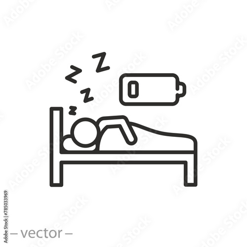 tired man sleep on bed icon, battery person energy charging, night rest and recovery,  low charge human, thin line symbol on white background - vector illustration