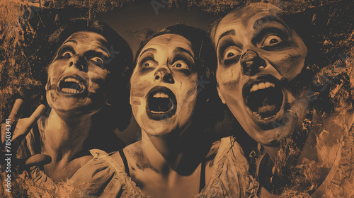 Three actors in mime makeup express exaggerated surprise, with a dark, textured backdrop enhancing their spooky appearance. photo