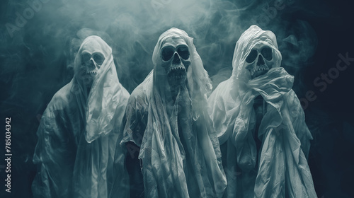 Three ghostly figures shrouded in white sheets emerge from the mist, creating an eerie and haunting atmosphere.
