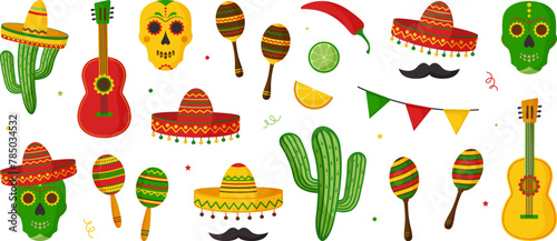 Cinco de Mayo party, mexican fiesta decoration icon. Guitar and sombrero, cactus and maraca, garland pepper, skull, mustache. Mexico, latino, spanish holiday sticker set. Cartoon vector illustration © Sylfida
