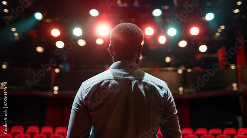 Man stands with his back to the camera, facing the bright lights on an empty theater stage, imbued with anticipation.