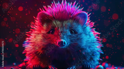 Hedgehog illuminated in neon lights, radiating vibrant energy against a dark backdrop.