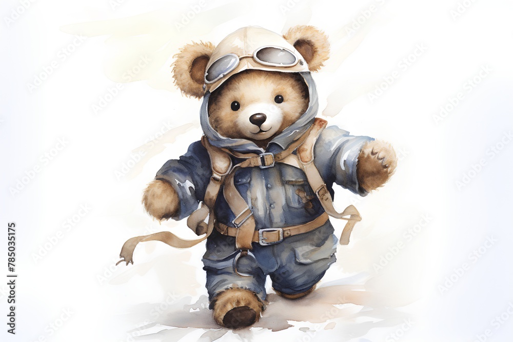 Fototapeta premium Watercolor illustration of a teddy bear dressed as an aviator