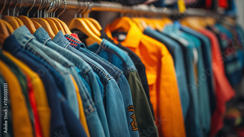 Row of colorful jackets hangs on a rack in a clothing store, showing a variety of styles and shades.