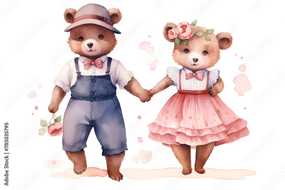 Watercolor cute couple of teddy bears in love. Hand drawn illustration. Watercolor cute couple of teddy bears in love. Hand drawn illustration.