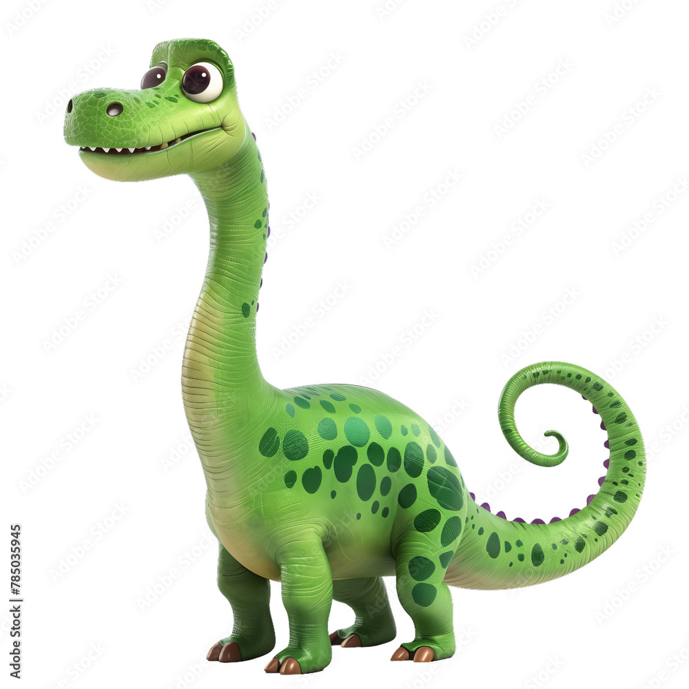 Fototapeta premium Cute children's painted dinosaur on a transparent background. Isolated cut-out element in cartoon style. diplodocus