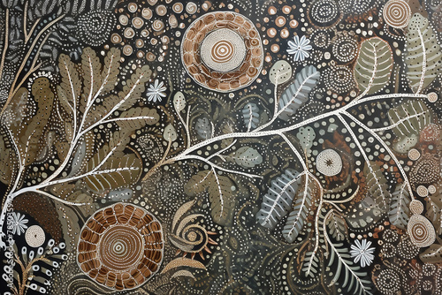 Australian Aboriginal dot painting style art dreamtime story of bush tucker food in neutral tones. photo