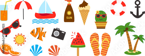 Summer icon, cartoon vacation set, cute tropical sticker. Funny summertime item. Watermelon, boat, ice cream, palm tree, fruit, lifebuoy, sun isolated on white background. Bright vector illustration © Sylfida