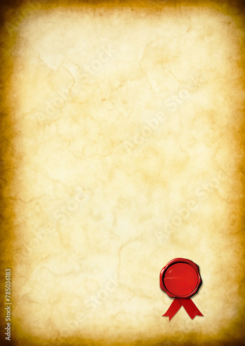 Papier A4 Papyrus Pergament alt Vintage handgeschöpft gelb braun mit Struktur Rand dunkler ungleichmäßig, Design Retro, chabby chic, Vorlage, mock up, Hintergründe, antik, rotes Wachs Siegel 