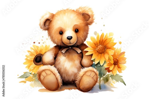 Teddy bear with sunflower bouquet. Watercolor illustration. © hungryai