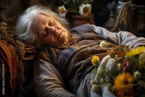  An elderly woman of German origin asleep in a cozy bed and breakfast in the countryside, embodying Sleep Tourism