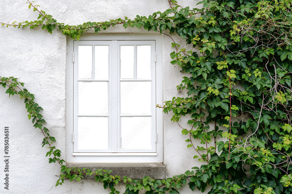 The walls of the house are white with empty windows covered with vines. Ivy grows covering the walls