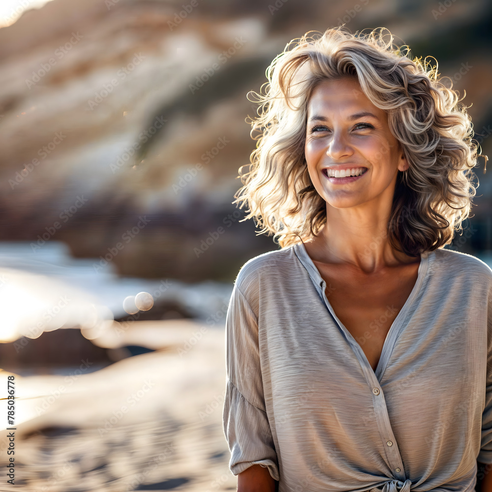 the happy smile of a middle-aged woman on the beach the happy smile of a middle-aged woman on the beach