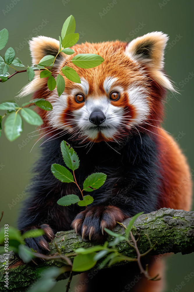 Obraz premium curious red panda peeking through lush green foliage