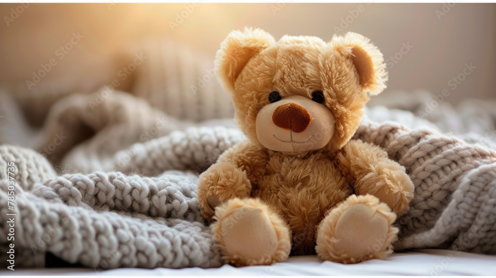 A brown teddy bear in a bed with warm, velvety fur A brown teddy bear in a bed with warm, velvety fur