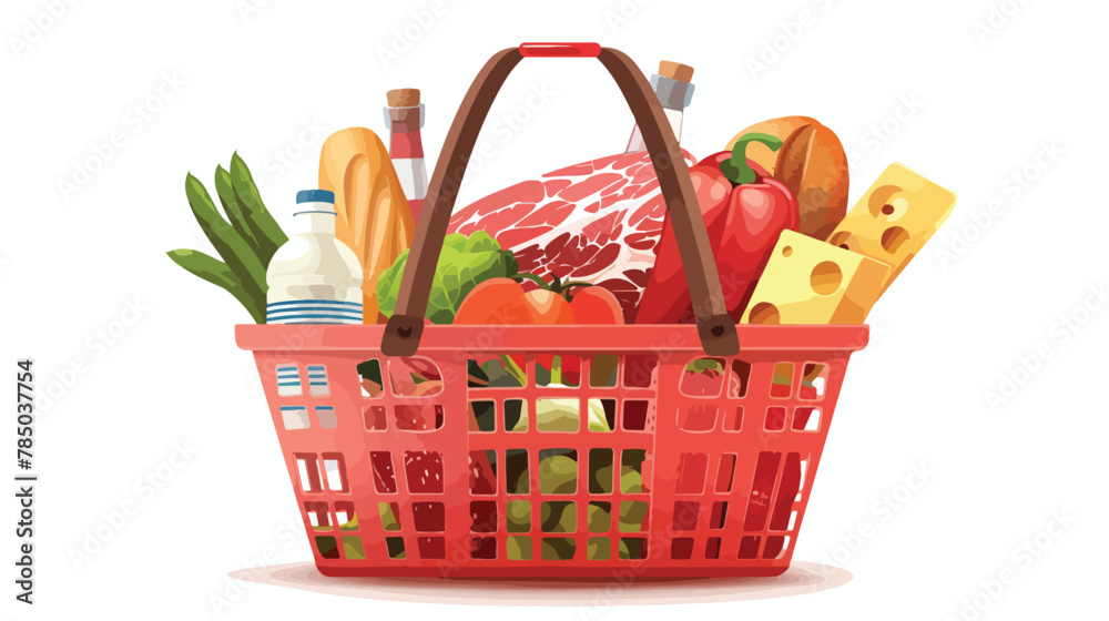 Shopping basket full of groceries. Natural food meat 