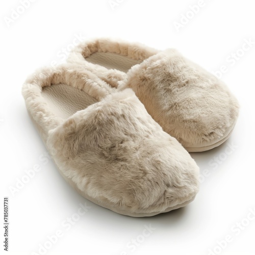A pair of soft fluffy slippers isolated on a clean white background, suggestive of warm and comfortable home attire.