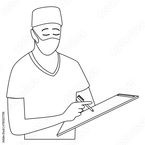 Doctor with a tablet in his hands. Simple black line drawing. Vector illustration