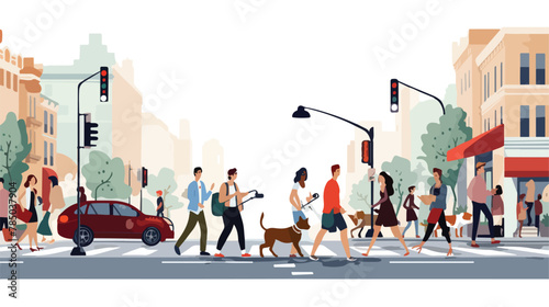 Diverse people walk on pedestrian crosswalk. Vector