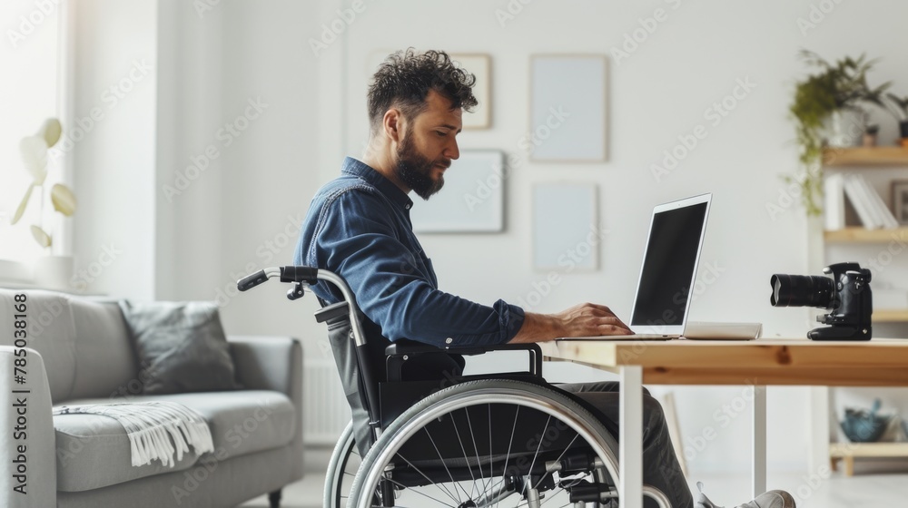 Man Working from Wheelchair at Home Man Working from Wheelchair at Home