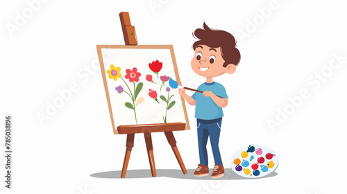 Small boy arts student kid painting flowers picture sky