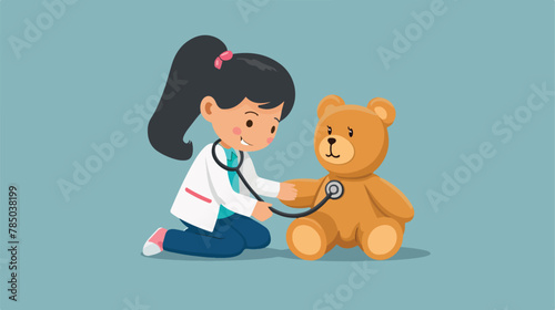 Small girl playing a doctor with plush teddy bear toy.