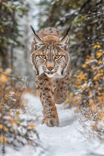 intense lynx stalking through snowy forest © augieloinne