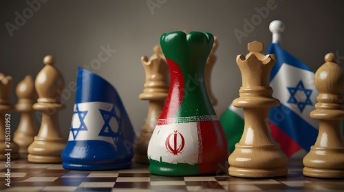 Iran and israel flags paint over on chess king .Generative AI