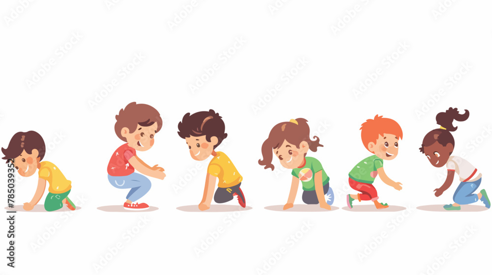 Smiling preschool boys and girls squatting on haunches