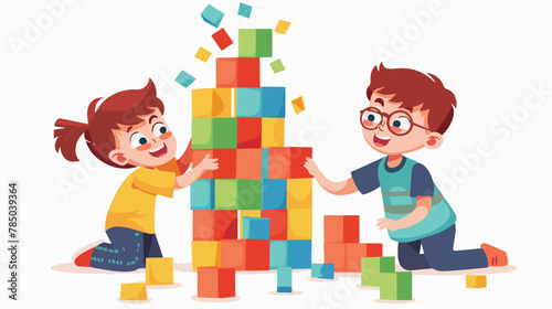 Smiling preschool boys kids building tower of toy cube