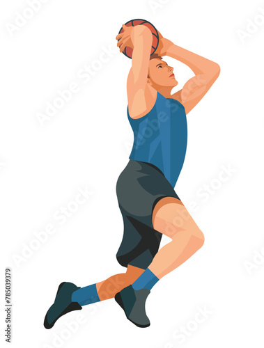Figure of a basketball player in a blue jersey who jumps high to throw a ball into a hoop with two hands